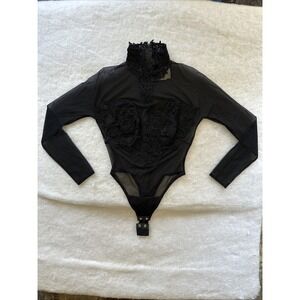 Vintage Tadashi Shohi Black Mesh Lace Sz M Mock Neck Bodysuit Sexy Snap Floral